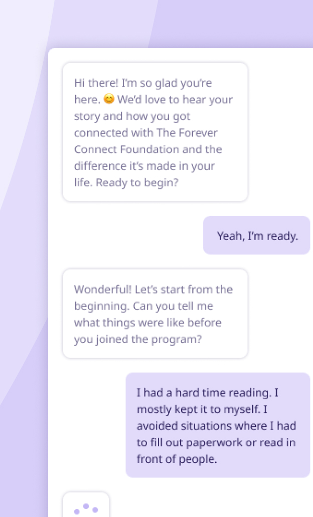 Guided story-gathering graphic showing a chat interface between Parkakeep and a volunteer