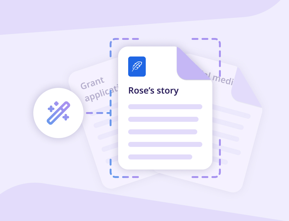 Transform and keep graphic showing parakeep transforming a story into a grant application, social media post, and donor letter